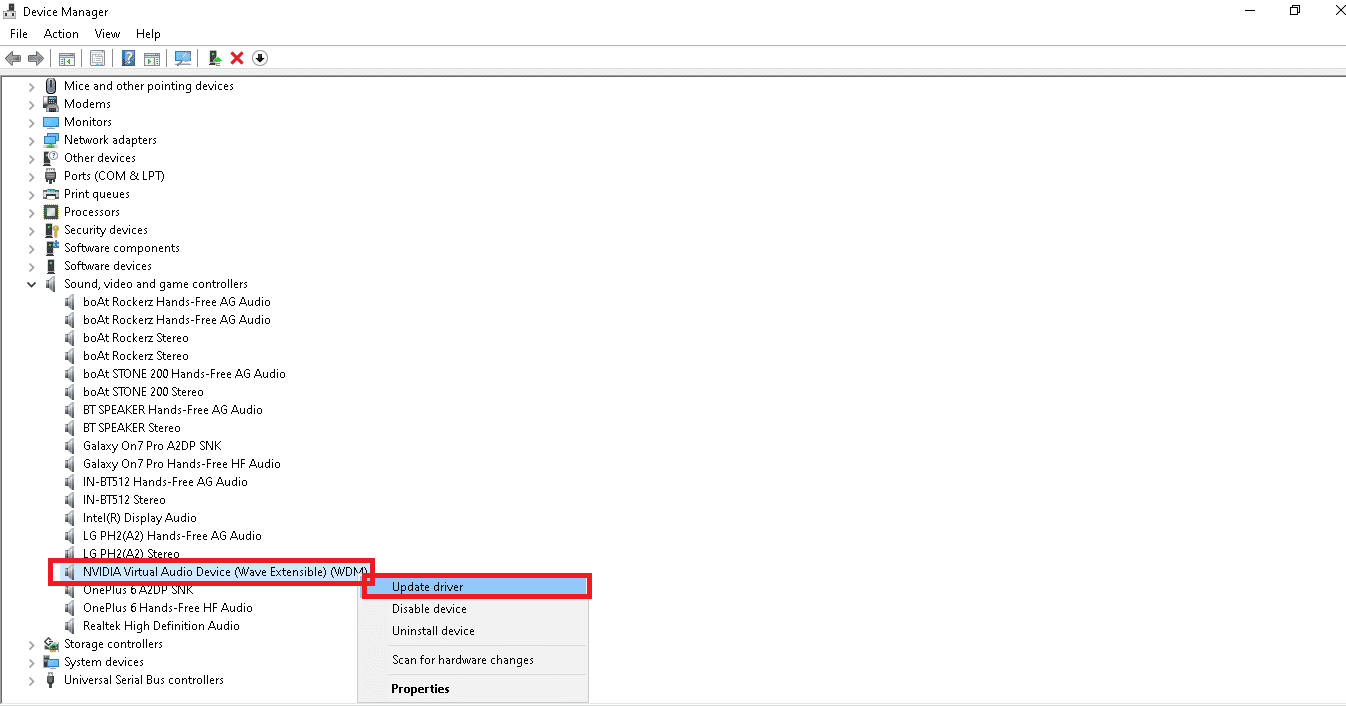 nhấp chuột phải vào NVIDIA Virtual Audio Device Wave Extensible, WDM và nhấp vào Cập nhật trình điều khiển