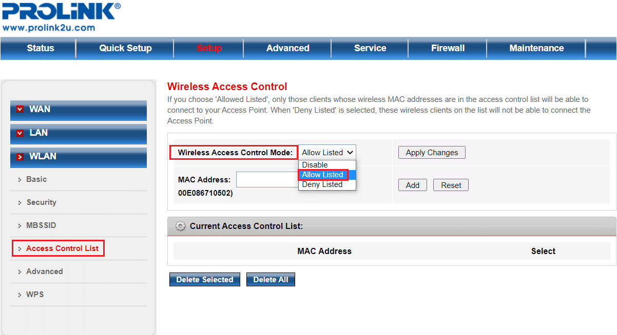 เปิดใช้งานตัวเลือกการควบคุมการเข้าถึงแบบไร้สายในการตั้งค่าเราเตอร์ PROLINK adsl