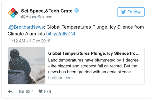 Tweet from the House of Representatives Committee on Science, Space, and Technology, repeating a misleading claim about global temperatures made by white-nationalist site, Breitbart News, 1 December 2016. Graphic: Twitter