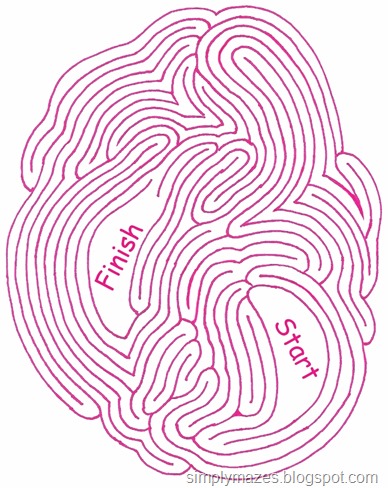 Maze Number 111: Beating Heart. A printable pink maze.