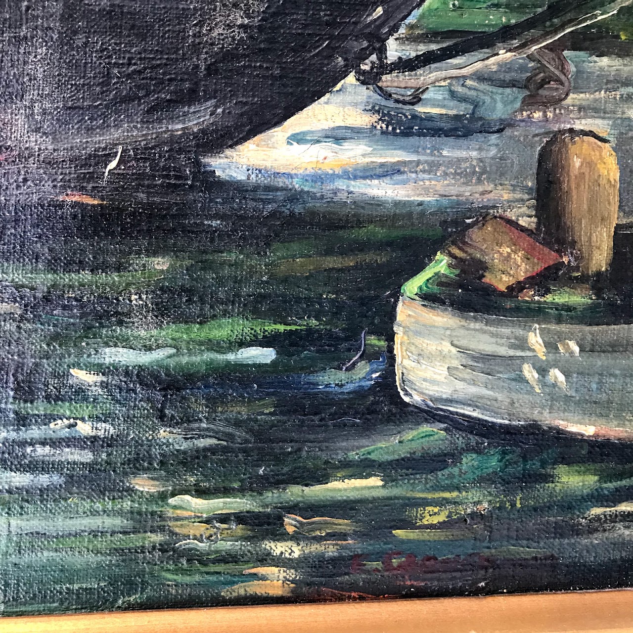 Signed Harbor Scene Oil Painting