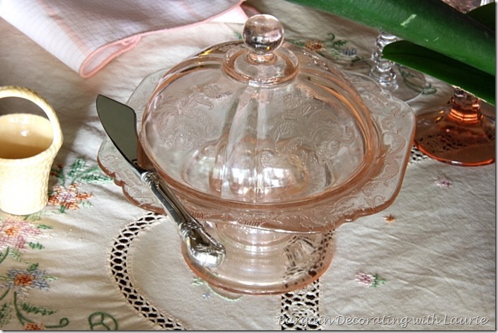 Pink Depression Glass footed butter dish-Bargain Decorating with Laurie