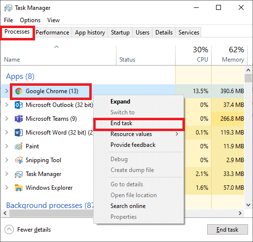 Nella finestra Task Manager, fare clic sulla scheda Processi