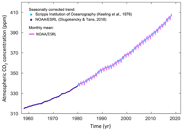 Surface average atmospheric CO2 concentration (ppm). The 1980–2018 monthly data are from NOAA/ESRL (Dlugokencky and Tans, 2018) and are based on an average of direct atmospheric CO2 measurements from multiple stations in the marine boundary layer (Masarie and Tans, 1995). The 1958–1979 monthly data are from the Scripps Institution of Oceanography, based on an average of direct atmospheric CO2 measurements from the Mauna Loa and South Pole stations (Keeling et al., 1976). To take into account the difference of mean CO2 and seasonality between the NOAA/ESRL and the Scripps station networks used here, the Scripps surface average (from two stations) was deseasonalised and harmonised to match the NOAA/ESRL surface average (from multiple stations) by adding the mean difference of 0.542 ppm, calculated here from overlapping data during 1980–2012. Graphic: Le Quéré, et al., 2018 / Earth System Science Data