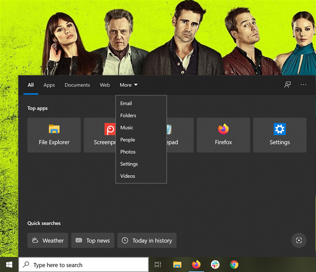 La pantalla de búsqueda de Windows 10 le permite elegir una categoría