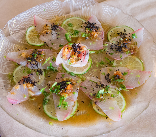 overhead photo of a plate of Amberjack Sashimi