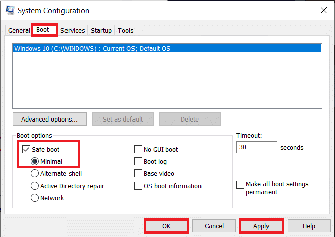 Marque la casilla Arranque seguro y haga clic en Aplicar, Aceptar para guardar los cambios.  Cómo forzar la eliminación de archivos de Windows 10