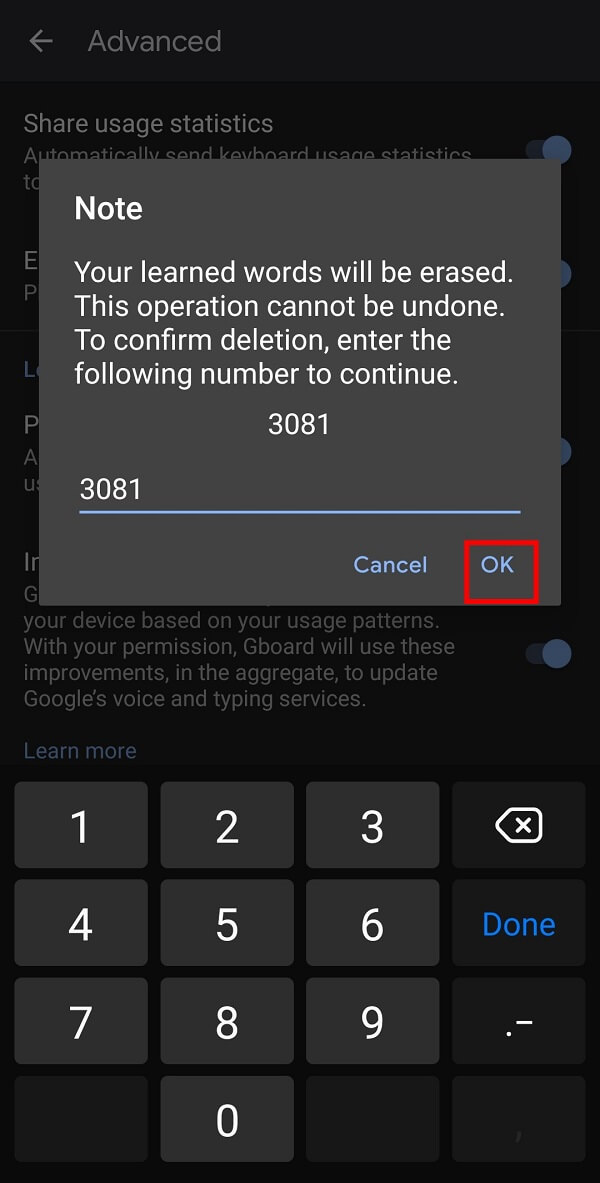 tik op Ok om de geleerde woorden van je Gboard te verwijderen.