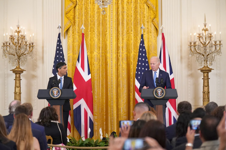 British Prime Minister Rishi Sunak and US President Joe Biden take part in a joint press conference in the East Room of the White House, in Washington, DC, the US, June 8 2023. Picture: NIALL CARSON/REUTERS