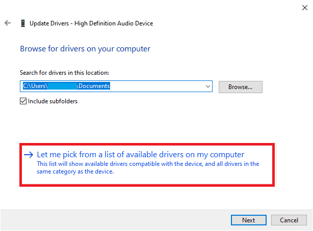 Aquí, seleccione Permitirme elegir de una lista de controladores disponibles en mi computadora