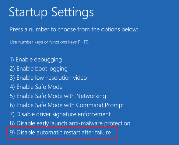 Druk op de toets F9 of 9 om Automatische herstart uitschakelen na fout te selecteren