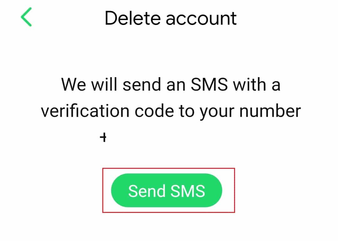 chạm vào gửi SMS trong menu Xóa tài khoản trong IRC Ứng dụng android mới