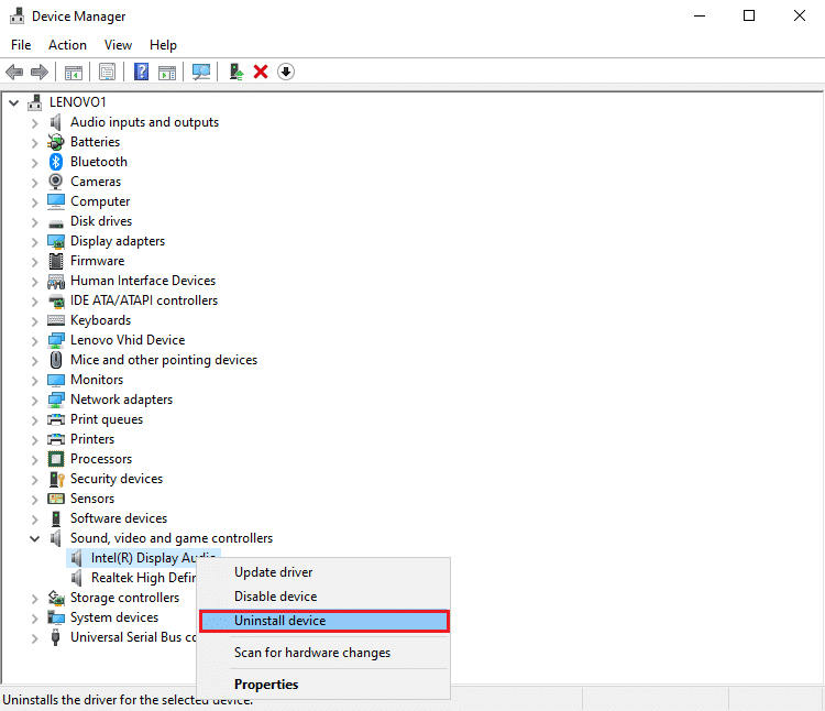 Haga clic derecho en su controlador de audio y haga clic en Desinstalar