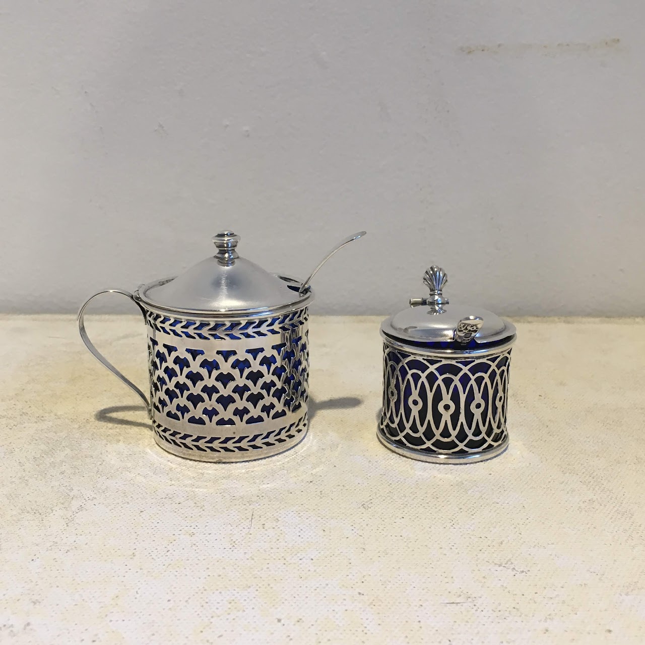 Sterling & Cobalt Glass Salt & Pepper Cellars