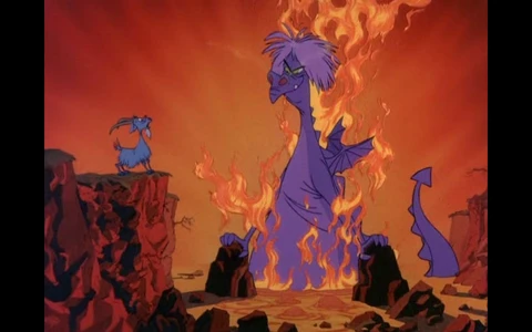 Merlin (as a goat) vs. Madam Mim (in the form of a purple dragon)