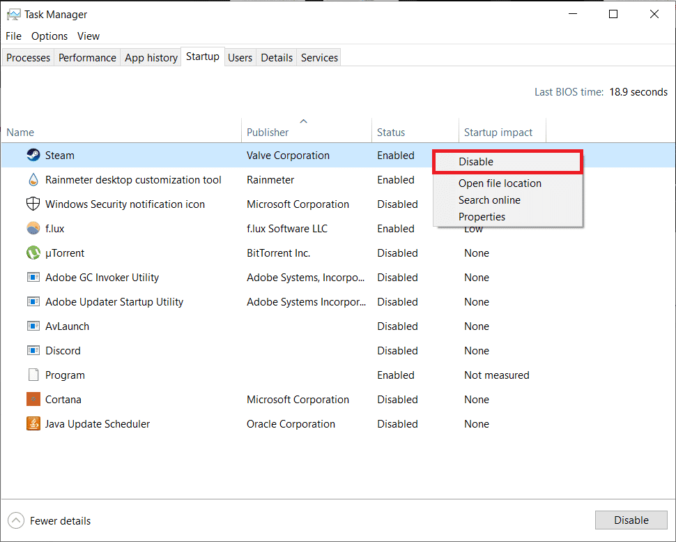 Controleer de kolom Opstartimpact voor alle vermelde toepassingen of processen en schakel die met een hoge impactwaarde uit.  Om uit te schakelen, klikt u er met de rechtermuisknop op en kiest u de optie Uitschakelen.  Hoe .NET Runtime Optimization Service te repareren Hoog CPU-gebruik