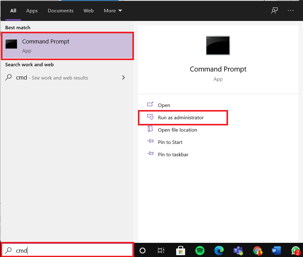 พิมพ์ command prompt หรือ cmd ในแถบค้นหา จากนั้นคลิก Run as administrator