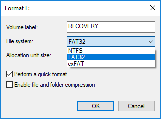 Chọn hệ thống tệp từ FAT, FAT32, exFAT, NTFS hoặc ReFS, tùy theo nhu cầu sử dụng của bạn