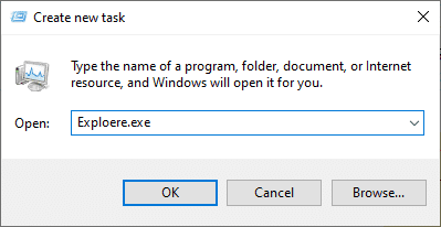 Nyní do nadcházejícího pole zadejte Exploere.exe a klikněte na tlačítko OK.  Oprava 0x80004002 Žádné takové rozhraní není ve Windows 10 podporováno