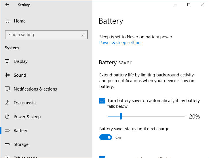 次の充電までバッテリーセーバーステータスの切り替えを有効または無効にします