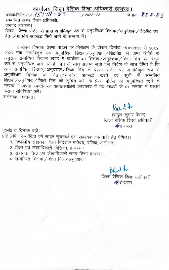 प्रेरणा पोर्टल से प्राप्त अनाधिकृत रूप से अनुपस्थित शिक्षक/अनुदेशक/शि०मि० का वेतन/मानदेय अवरूद्ध किये जाने के सम्बन्ध में।