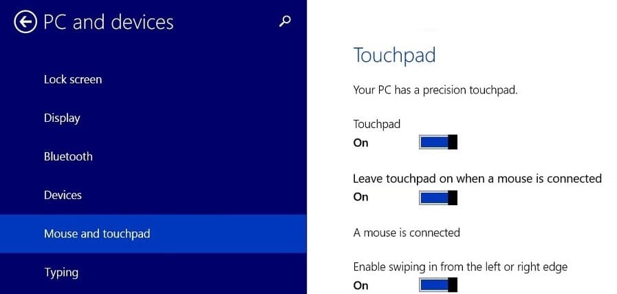 Disattiva o disattiva l'interruttore per Lascia attivo il touchpad quando è collegato un mouse