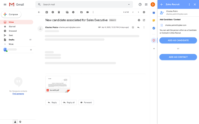 Screenshot of Zoho Recruit for Gmail