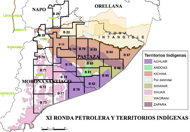 Map of Indigenous Territories and Oil Blocks and South-Central Ecuador. Graphic: Pachamama Alliance