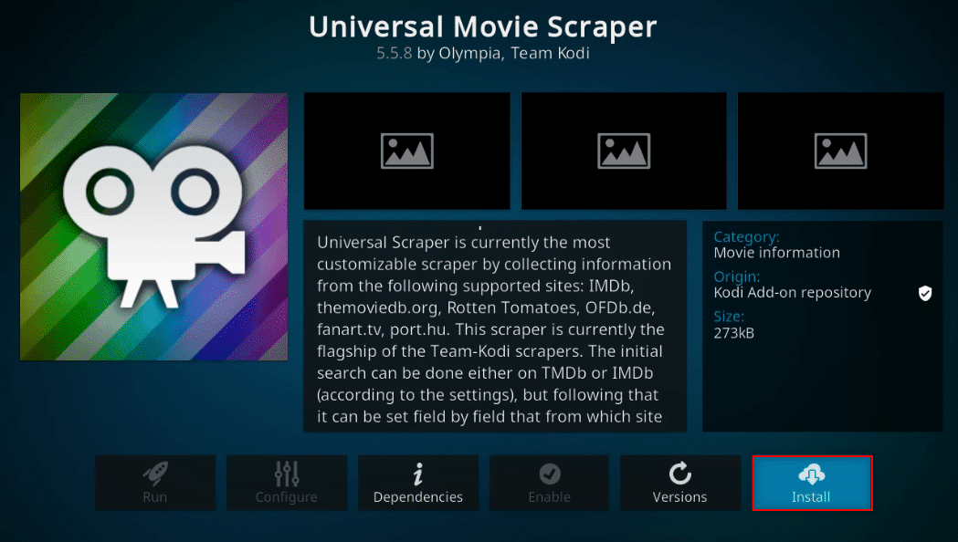Haga clic en el botón Instalar.  Cómo agregar IMDB en Kodi
