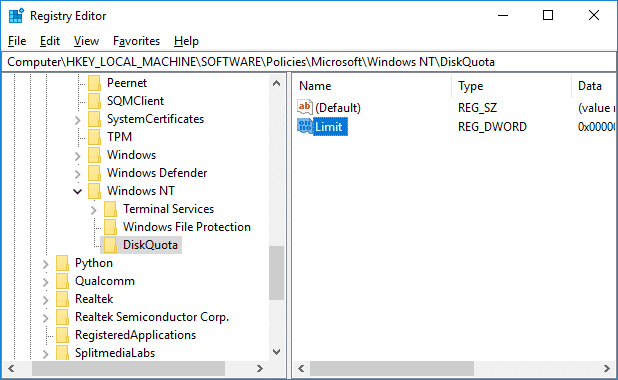 DiskQuotaRegistryキーの下のLimitDWORDをダブルクリックします