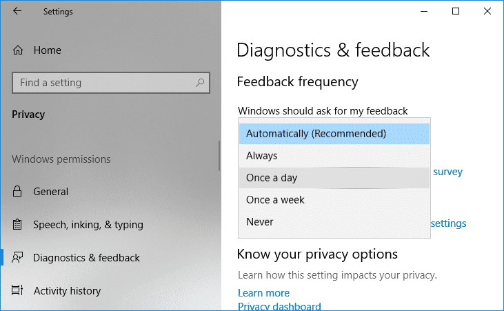 Windows에서 내 피드백을 요청해야 함 드롭다운에서 항상, 하루에 한 번, 일주일에 한 번 또는 안 함을 선택합니다.