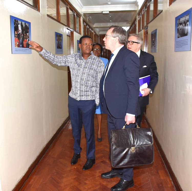 Foreign Affairs CS Alfred Mutua with Finland’s Minister for Economic Affairs Mika Lintila on Thursday, February 2,2023.