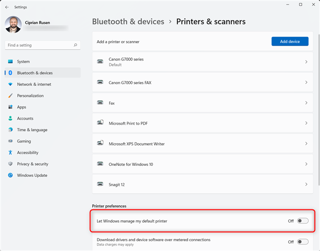 Windowsにデフォルトのプリンタスイッチを管理させるをオフに設定します