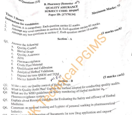 BP606T Quality Assurance 6th Semester B.Pharmacy Previous Year's Question Paper,BP606T Quality Assurance,BPharmacy,Previous Year's Question Papers,BPharm 6th Semester,