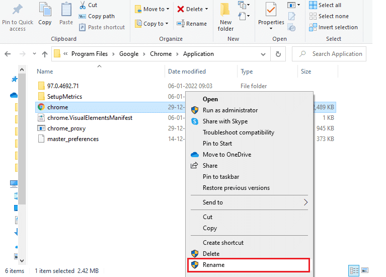 เปลี่ยนชื่อไฟล์ .exe  แก้ไขข้อผิดพลาด BREAKPOINT ของ Google Chrome STATUS