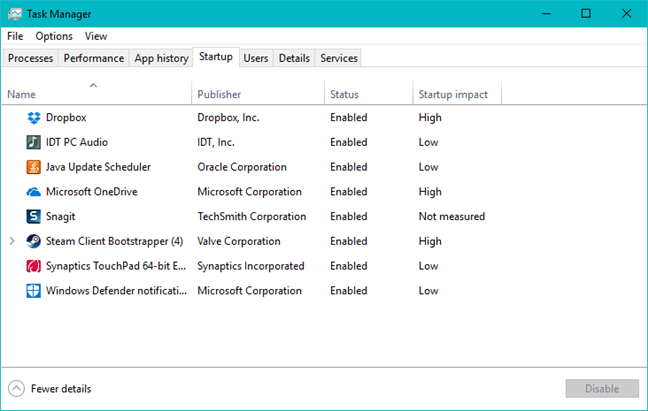 administrador de inicio, Windows