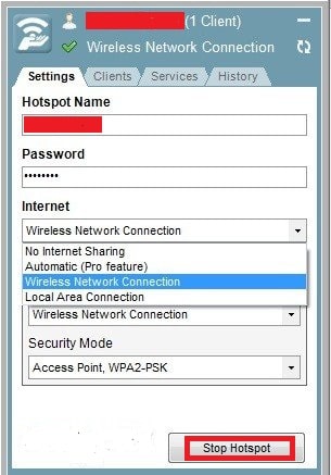 Haga clic en la opción Detener Hotspot en el software Connectify