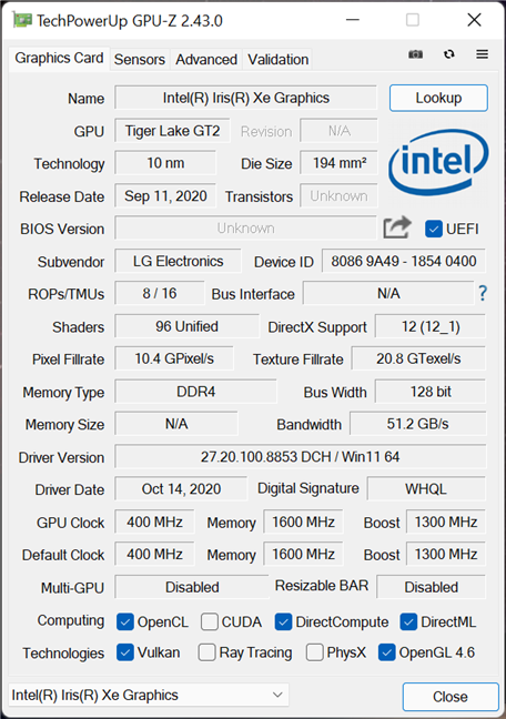 LG Gram 16: Especificaciones gráficas