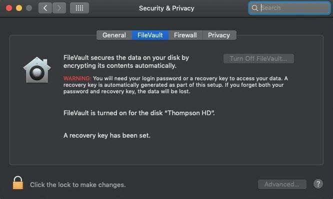 FileVault onder Beveiligings- en privacyinstellingen