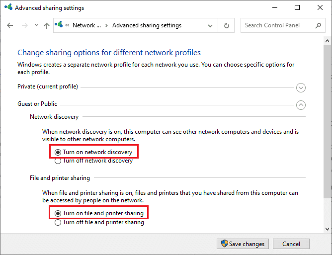 Ventana de configuración de uso compartido avanzado.  Cómo activar la detección de redes en Windows 10