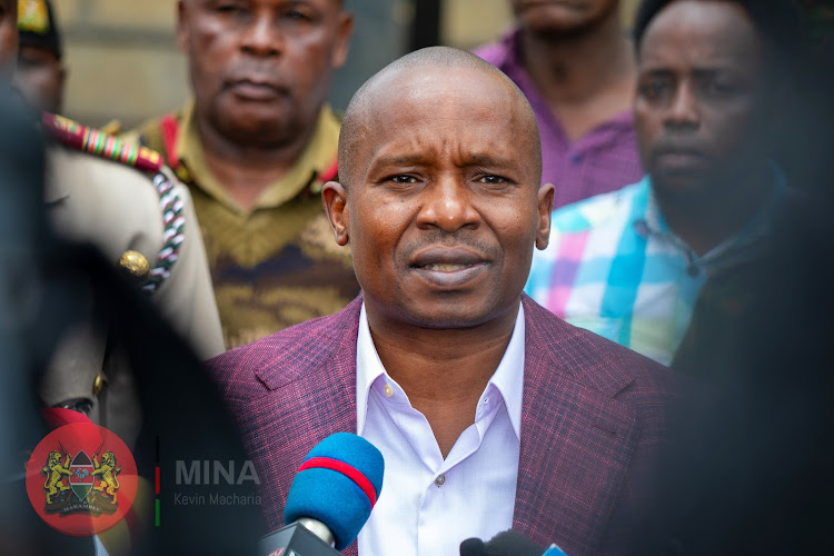 Interior CS Kithure Kindiki addressing the press in Mutuati Sub-County, Igembe North Constituency, Meru on November 6, 2023