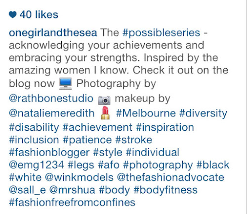 Screen shot of One Girl of the Sea Instagram account - explaining the blog and asking people to visit it, plus hashtags 