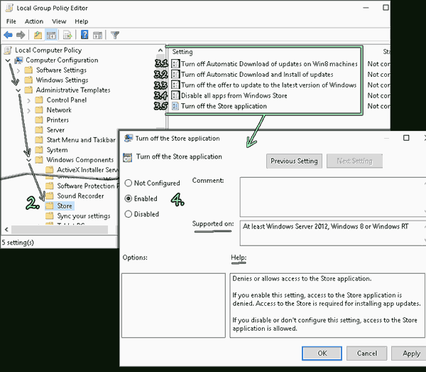 Turn off or on Automatic update and install Windows apps and Store in gpedit