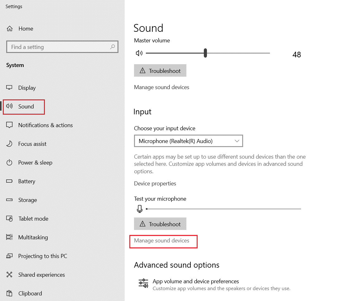 haga clic en el menú Sonido y luego seleccione la opción Administrar dispositivos de sonido