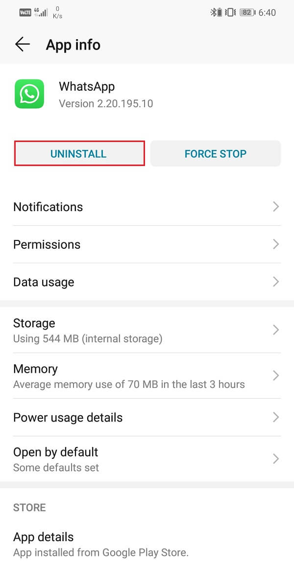 Haga clic en el botón Desinstalar de whatsapp |  Arreglar la llamada de WhatsApp que no suena en Android