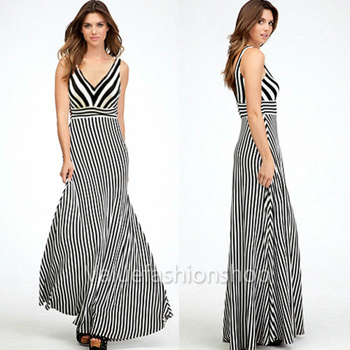 Women Boho Princess Bohemian V Neck Stripe Party Pleat Beach Maxi Long ...