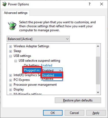 haga clic en Conectado y cambie la configuración a Deshabilitado en la lista desplegable Arreglar USB sigue desconectando y volviendo a conectar Windows 10