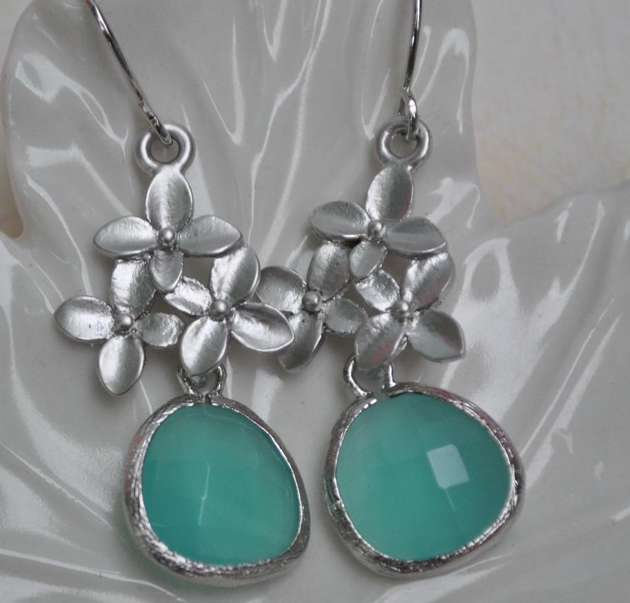 Earrings Aqua Blue Blossom Flowers in sterling silver ear wires