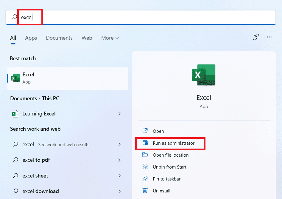 Tapez Excel dans le menu de recherche de Windows et cliquez sur Exécuter en tant qu'administrateur |  comment imprimer une grande image sur plusieurs pages