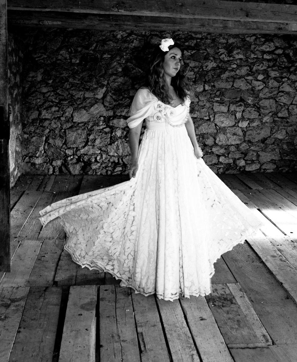 Vintage Inspired Wedding Dress in White or Ivory Lace with Raw Silk and Silk